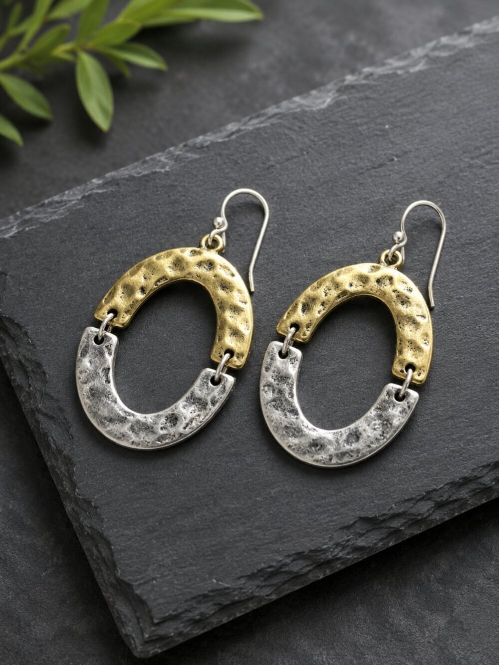 Two Tone Gold and Silver Oval Drop Earrings - Picture 6 of 6